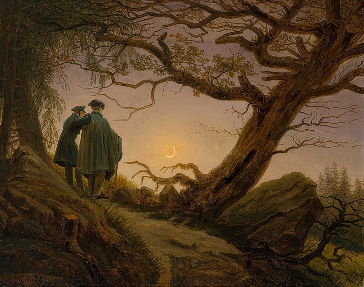 Två män som betraktar månen. Omkring 1825-30 av Caspar David Friedrich