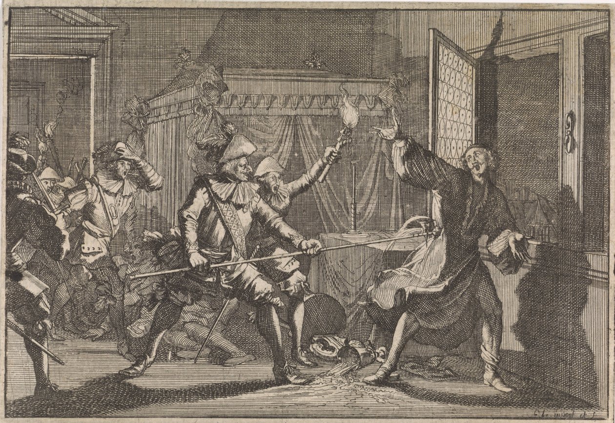 Albrecht von Wallenstein, hertig av Friedland, mördas av sina egna soldater, 1634 av Caspar Luyken (attributed to)