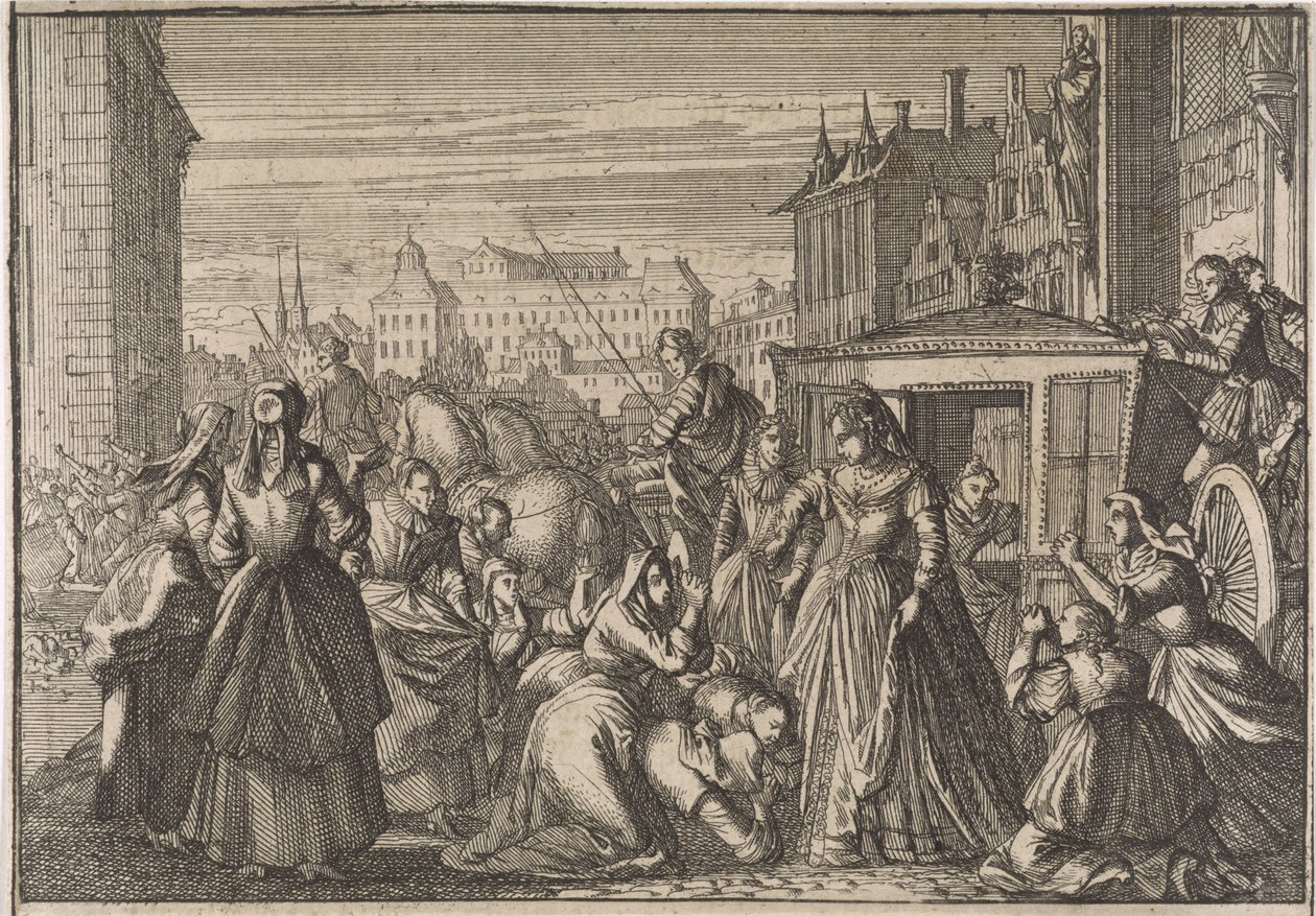 Kvinnor som knäböjer inför drottning Anna i Paris, ber henne att sänka skatterna, 1645 av Caspar Luyken (attributed to)