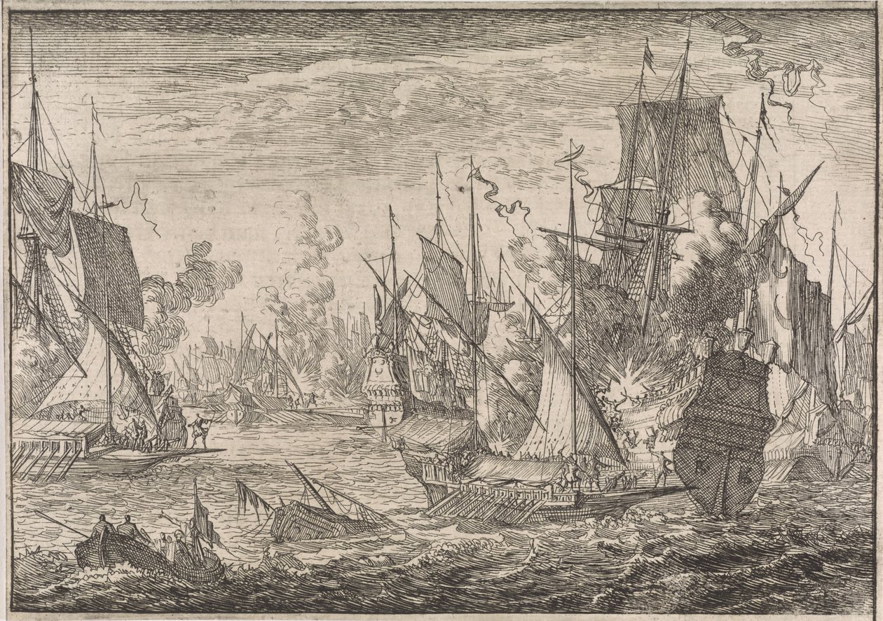 Sjöstrid mellan turkiska örlogsfartyg och galärer från riddarna av Malta, 1644 av Caspar Luyken (attributed to)