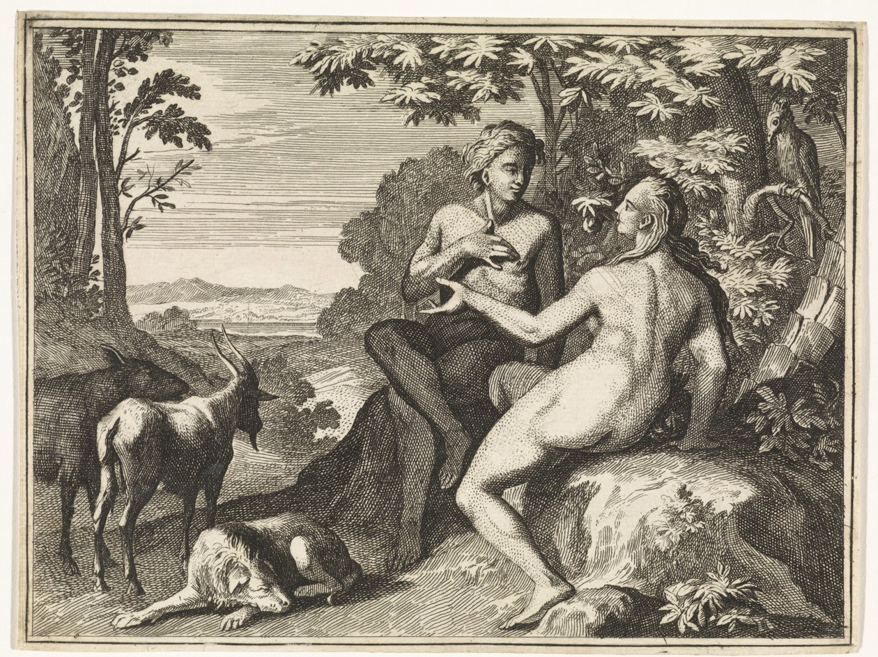Adam och Eva omgivna av djuren i paradiset av Caspar Luyken