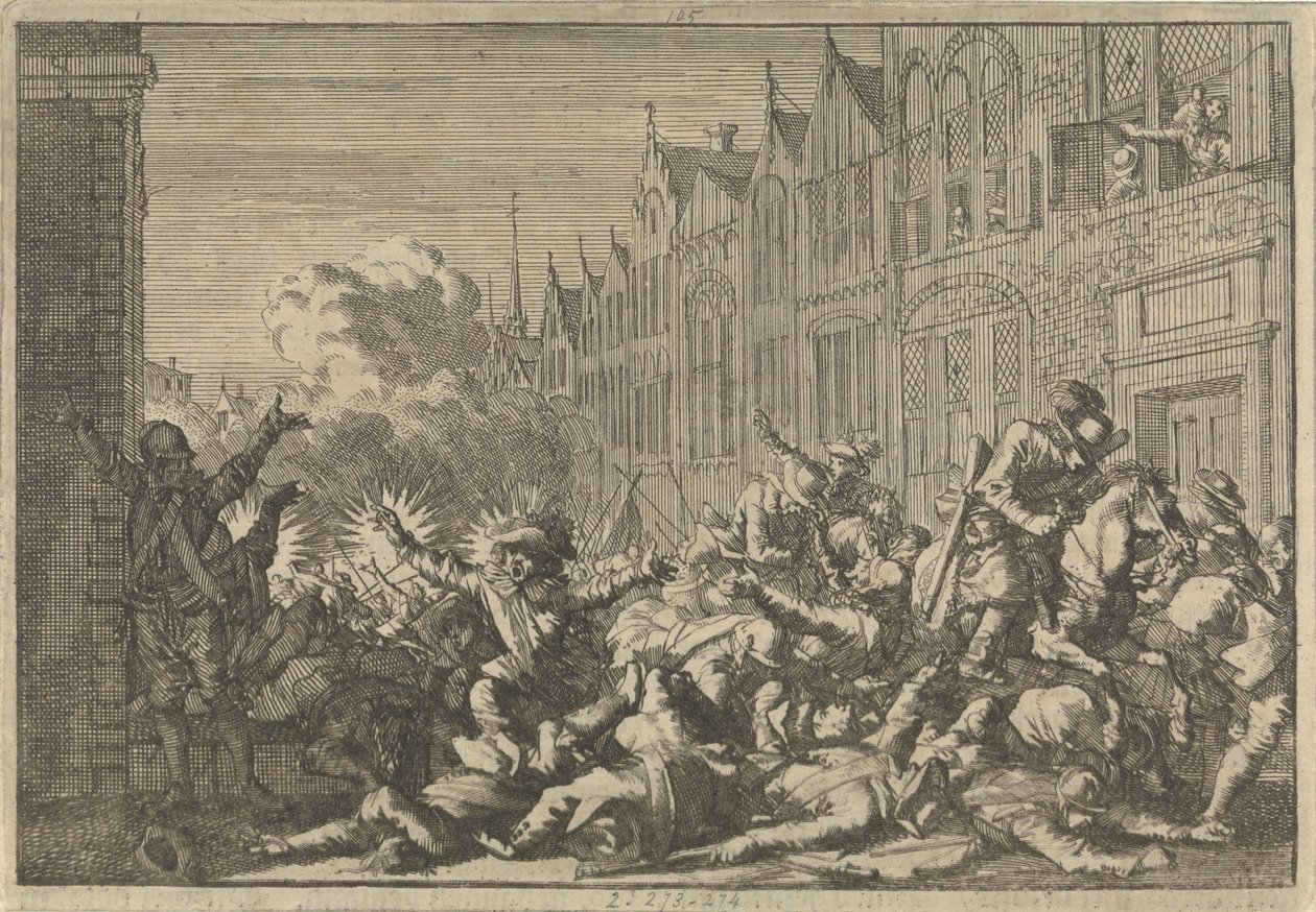 Angers ockuperade av Mazarin-anhängare i bakhåll av guvernör De Rohans tio kanoner, 1652 av Caspar Luyken