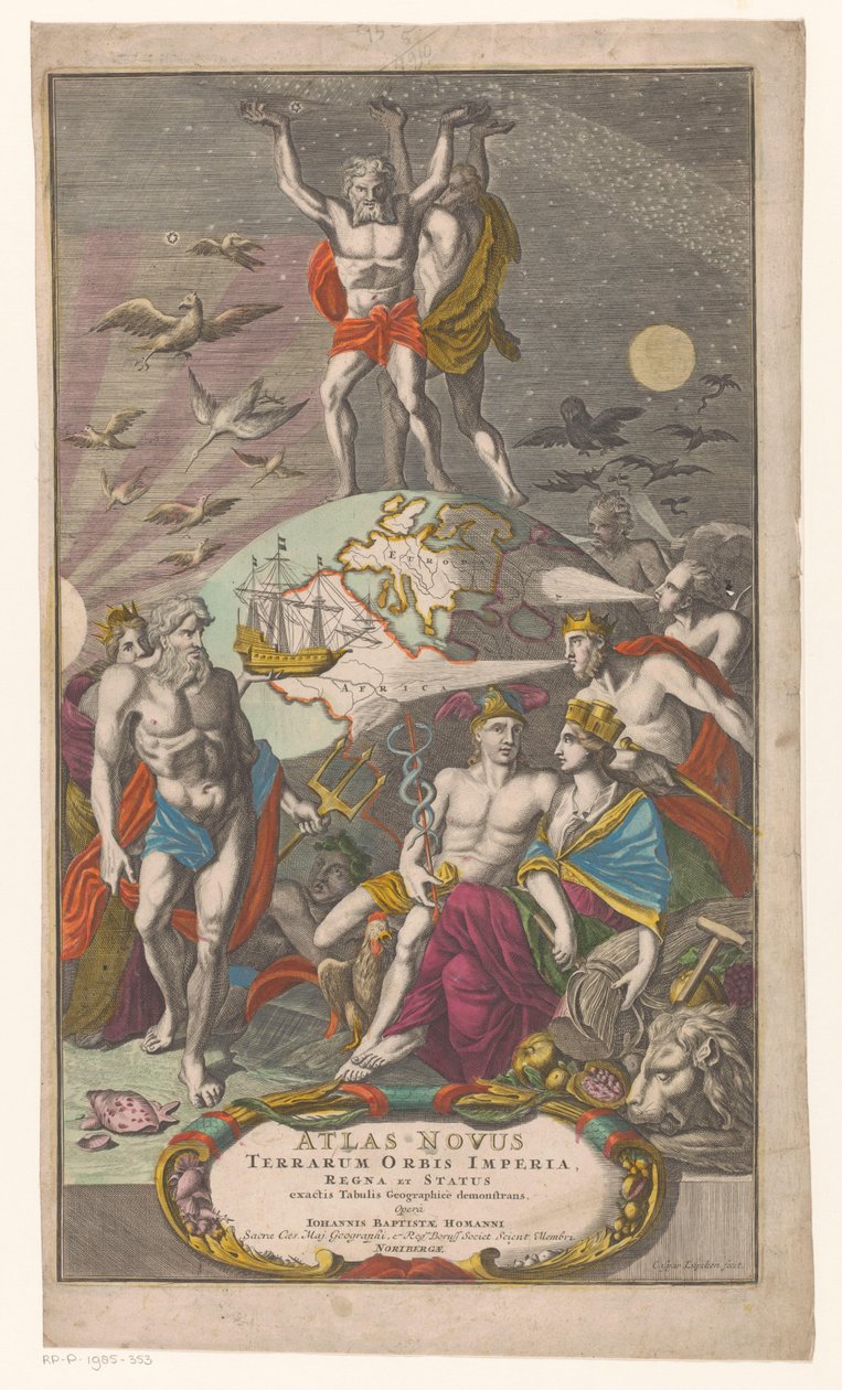 Atlas en Hercules bär sternerhemel Titelsida för: Johann Baptista Homan, En ny atlas över världsriken, kungadömena och staterna som visar exakta geografiska tabeller, 1710 av Caspar Luyken