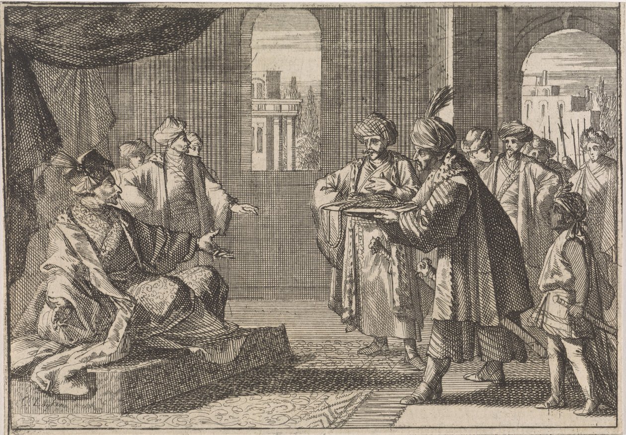 Guei-tschun, premiärminister under kejsar Chongzhen, kommer med ett sidenrep att hänga sig själv, 1643 av Caspar Luyken