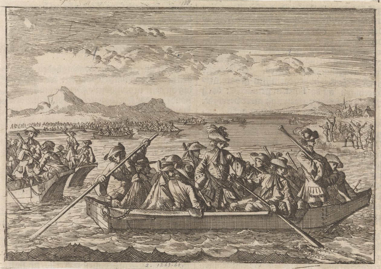 Valdenser jagade från Savoyen återvänder till sitt land i pråmar över Genèvesjön, 1689 av Caspar Luyken