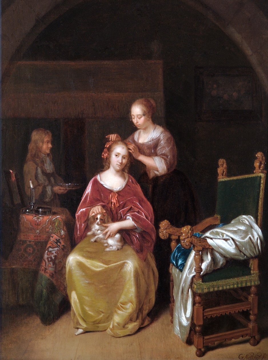 A Lady At Her Toilet, c.1665 (olja på ekpanel) av Caspar Netscher