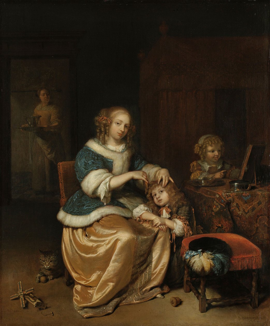 Interiör med en mor som kammar sitt barns hår, känd som "mödravård", 1669 av Caspar Netscher
