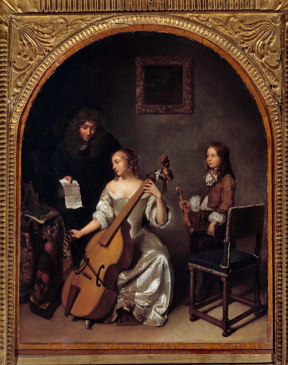 La lecon de basse de viole Målning av Gaspard Netscher (1639-1684) 1600-talets sön. 0,45x0,35 m av Caspar Netscher