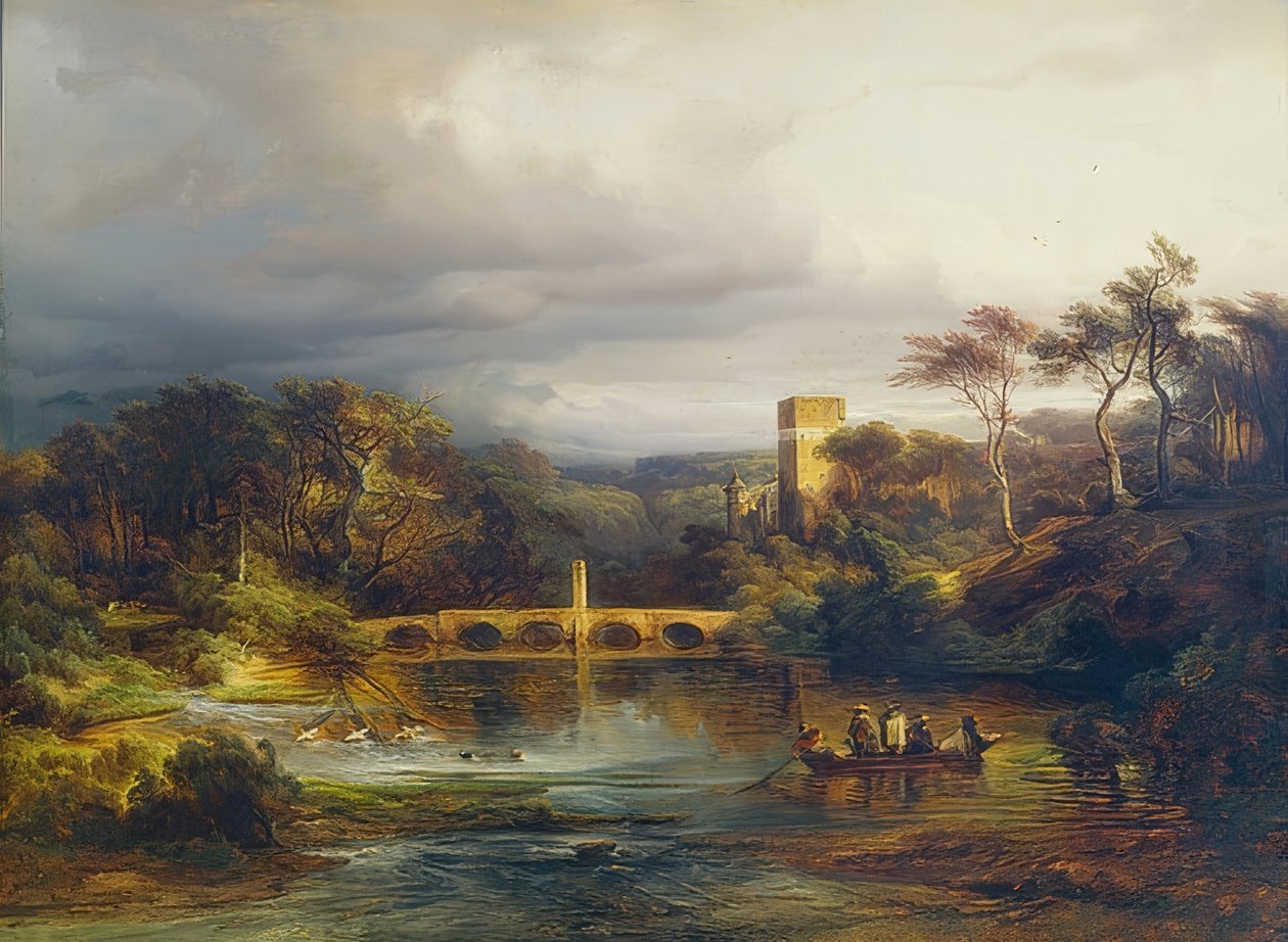 Slott på Waldsee med paddlare och bågformad bro. 1846 av Caspar Scheuren