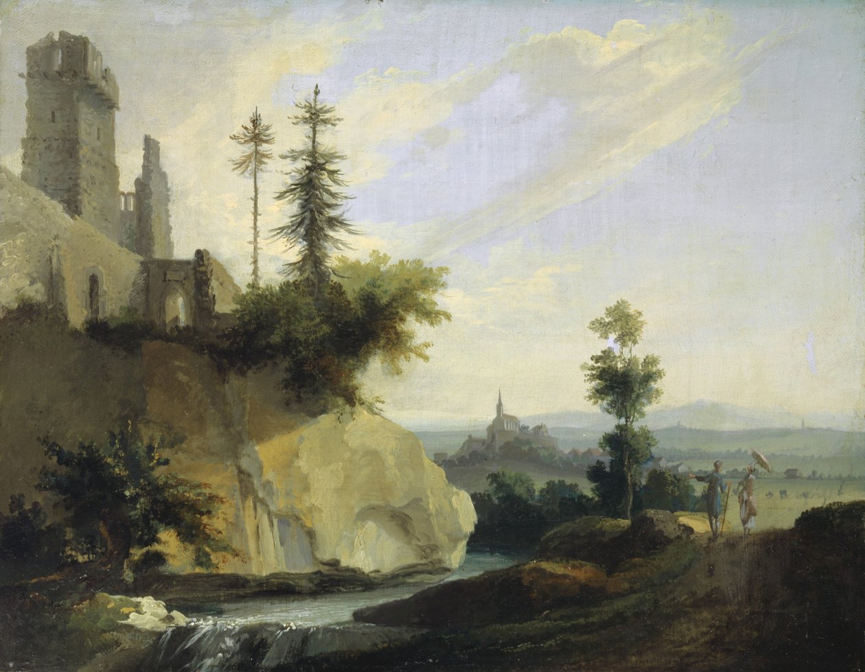 Landskapskomposition med ruin av ett slott, c.1774-77 av Caspar Wolf