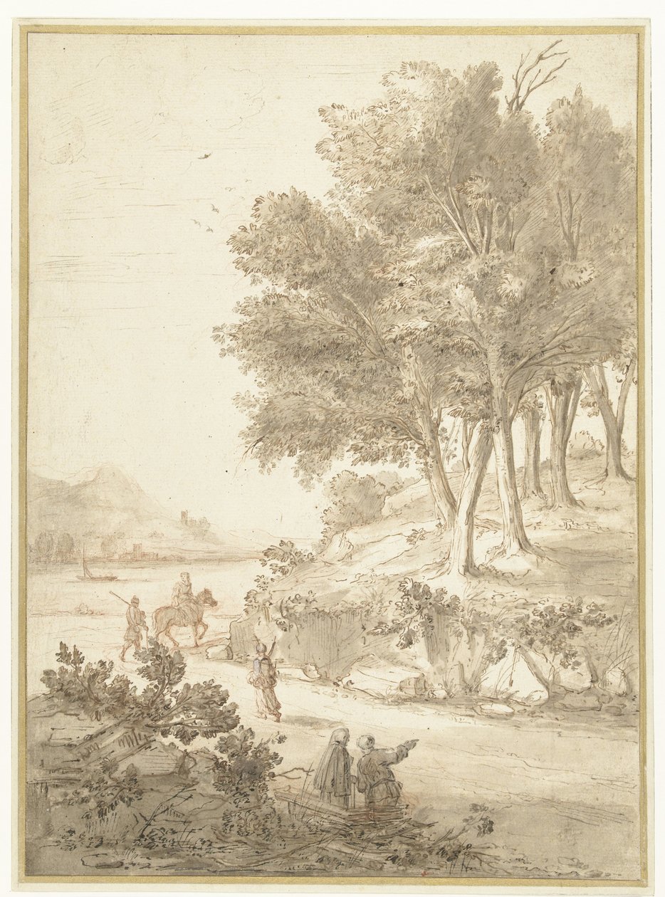 Italienskt landskap med figurer längs en väg och en flod i bakgrunden av Caspar van Wittel