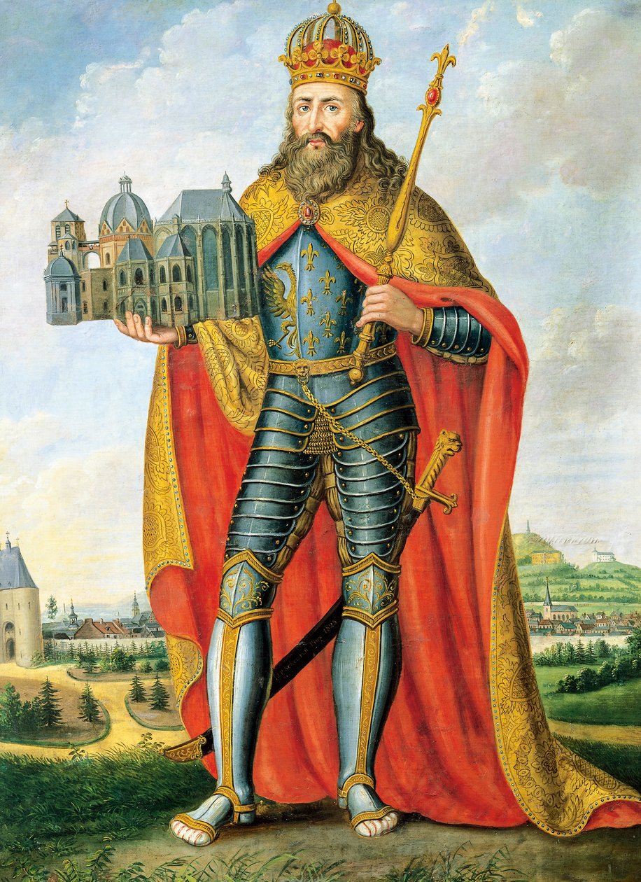 Porträtt av Karl den Store (742 - Aachen, 814), kung av frankerna och langobarderna och kejsaren av det heliga romerska riket, stående med modell av Palatinska kapellet, målning av Scheuren av Casper Johann Nepomuk Scheuren