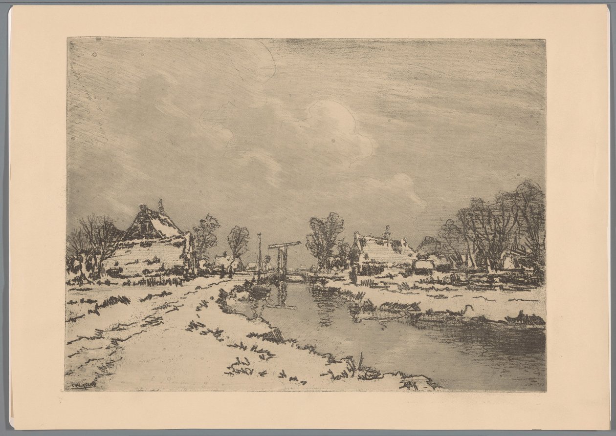 Snölandskap med kanal och vindbrygga av Casper M.L. Kouw