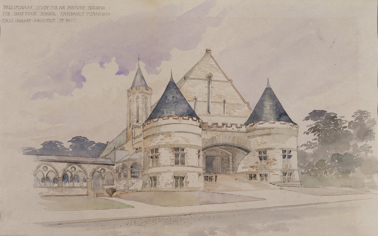 Förstudie för en armébyggnad till Shattuck School, Faribault, Minnesota av Cass Gilbert