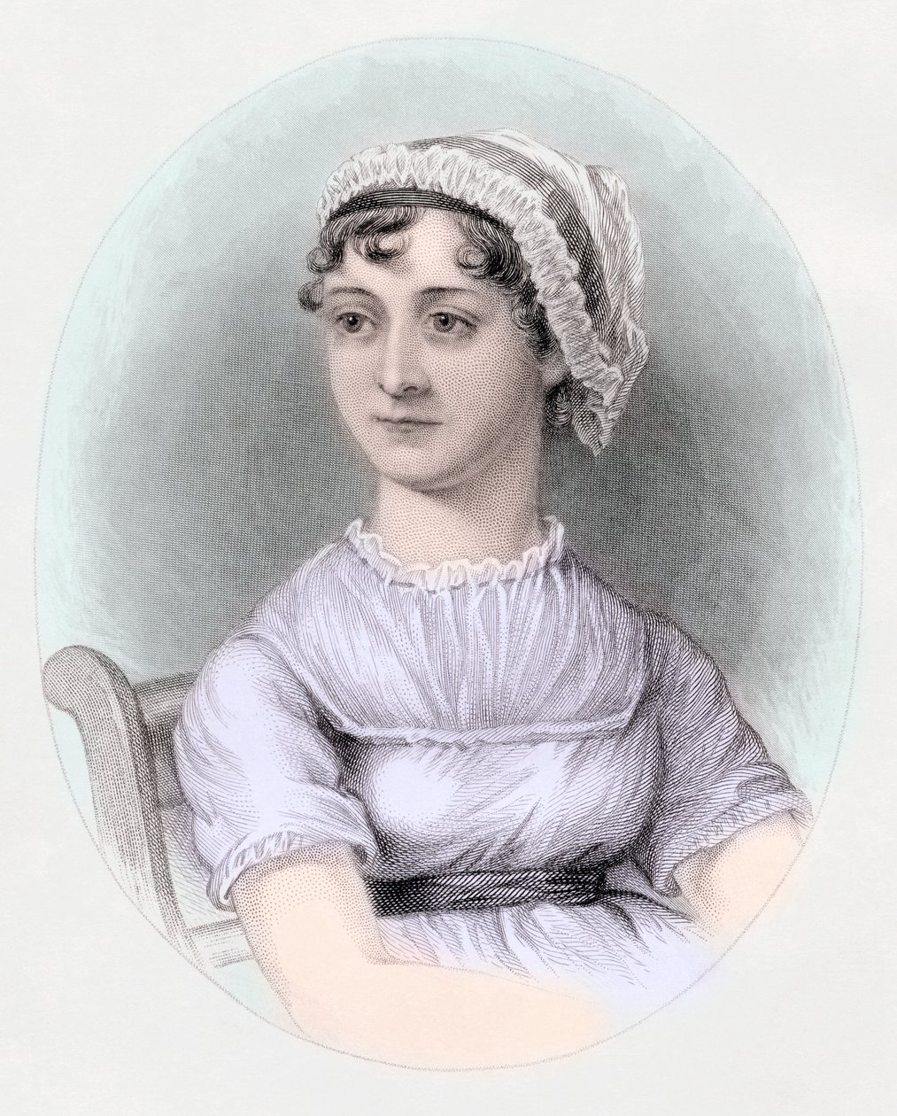 Porträtt av Jane Austen, ca 1850 (handfärgad gravyr) av Cassandra (after) Austen