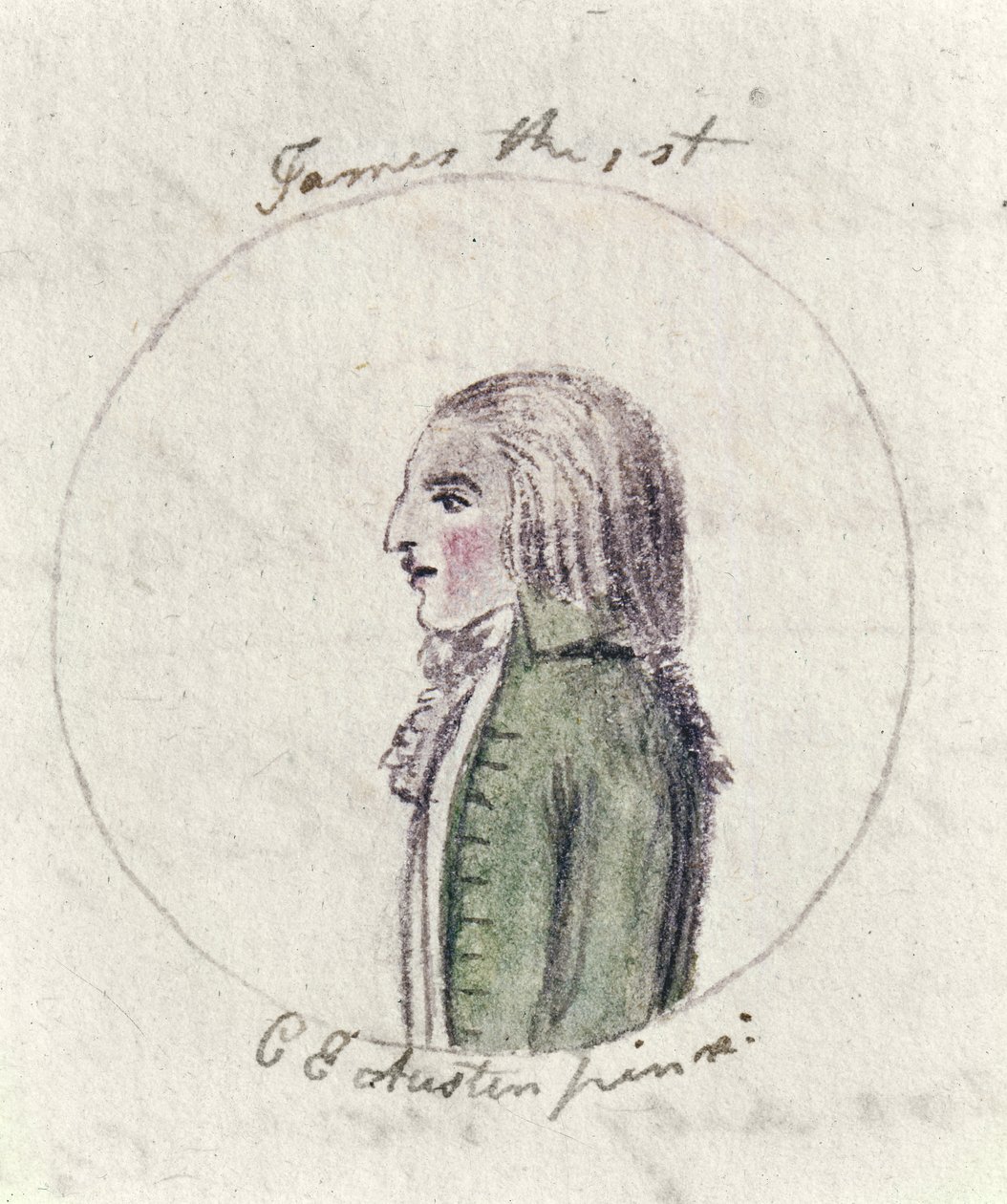James I, ca 1790 (penna och bläck och wc på papper) av Cassandra Austen
