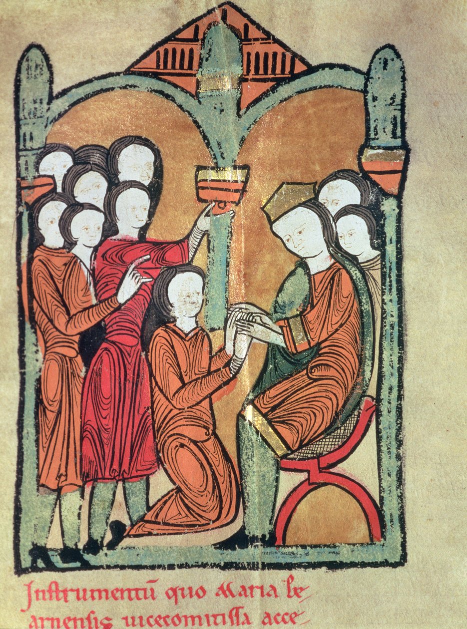 Grevinnan av Bearn svär hyllning till Alfonso II av Aragon, och lovar att inte gifta sig utan hans samtycke, från manuskriptet som kallas "Liber Feudorum Maior" (vellum) av Catalan School