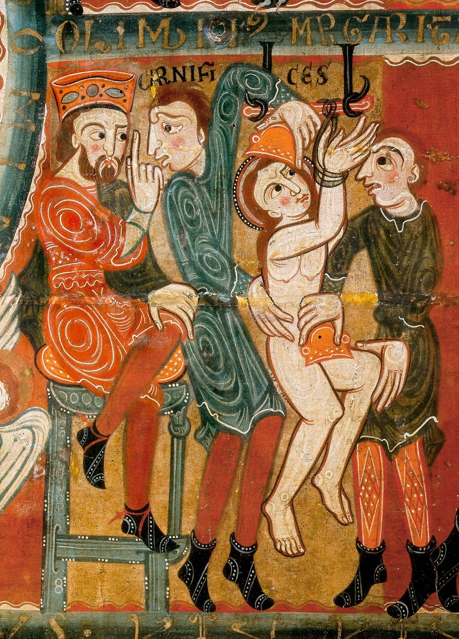 St Margaretas martyrskap, helgonet som torterades och sedan halshöggs, detalj (tempera på trä) av Catalan School