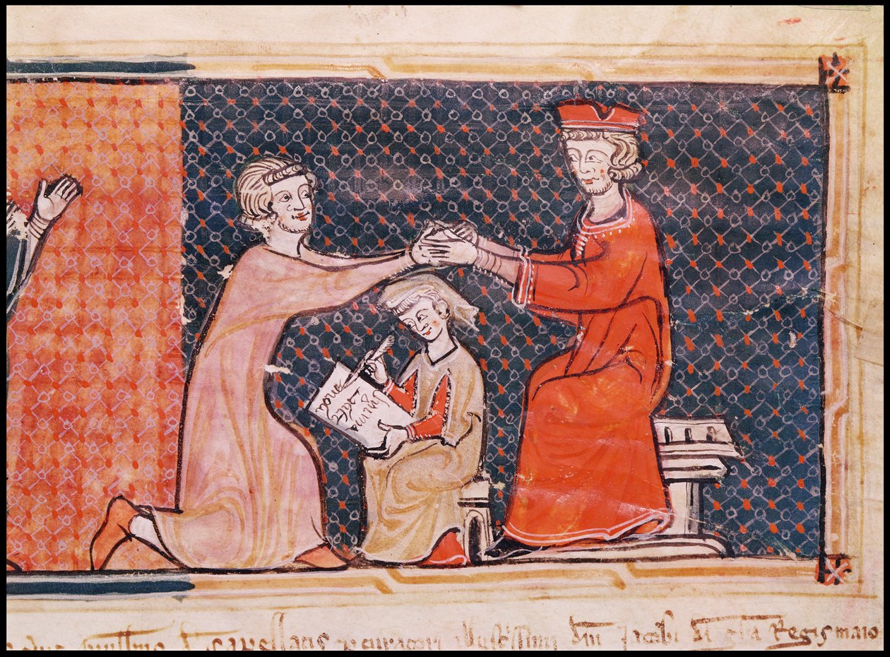 Den kungliga åklagaren, skriftläraren och feodalherren, från Capbreu de Clayra et de Millas 1292 av Catalan School