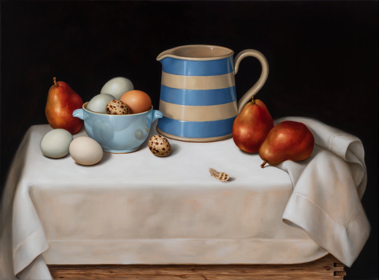 Stilleben med vaktelfjäder, 2019 (olja på linne) av Catherine Abel