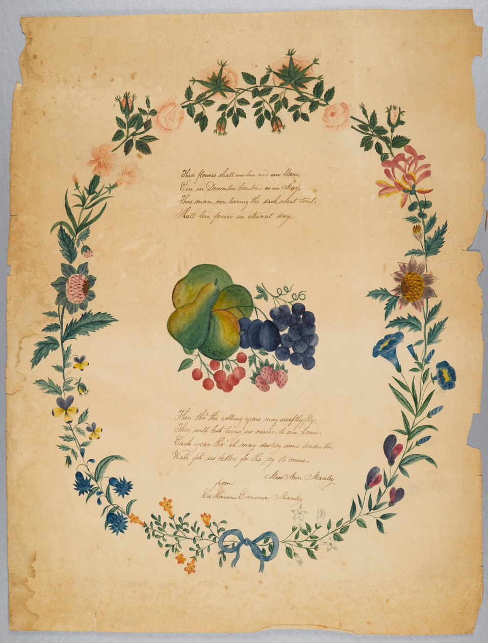 Utan titel (dikt och dekorativ krans) (wc, grafit & bläck på papper) av Catherine Emma Manley