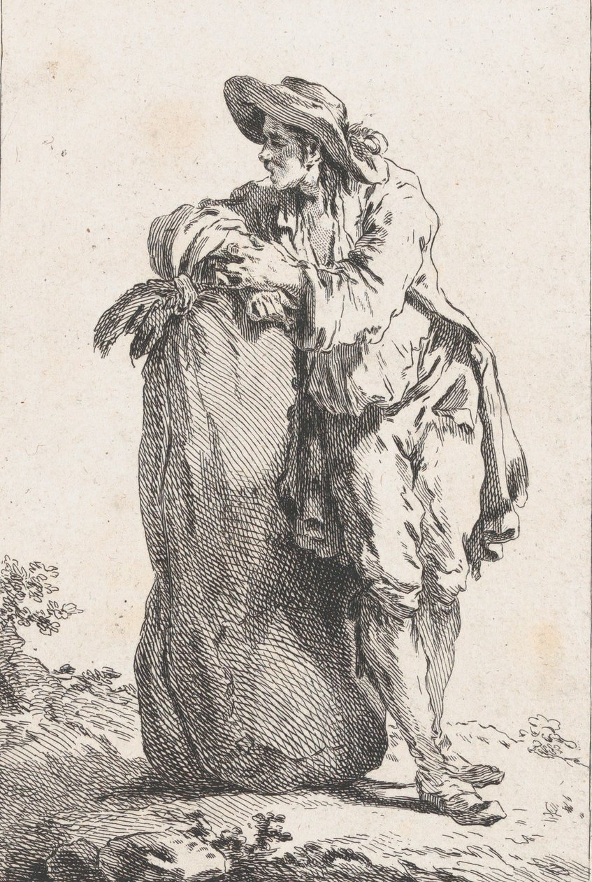 Bonde lutad på en säck spannmål, 1758. av Catherine Francoise Beauvarlet