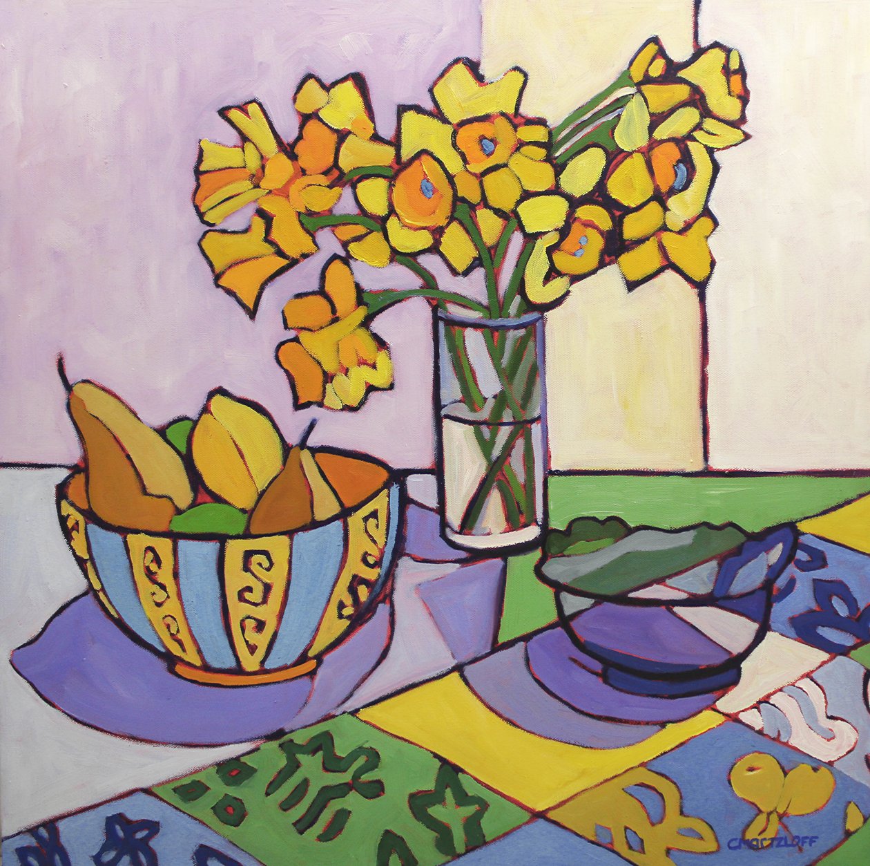 Daffodil Patchwork, 2023 (olja på duk) av Catherine J Martzloff