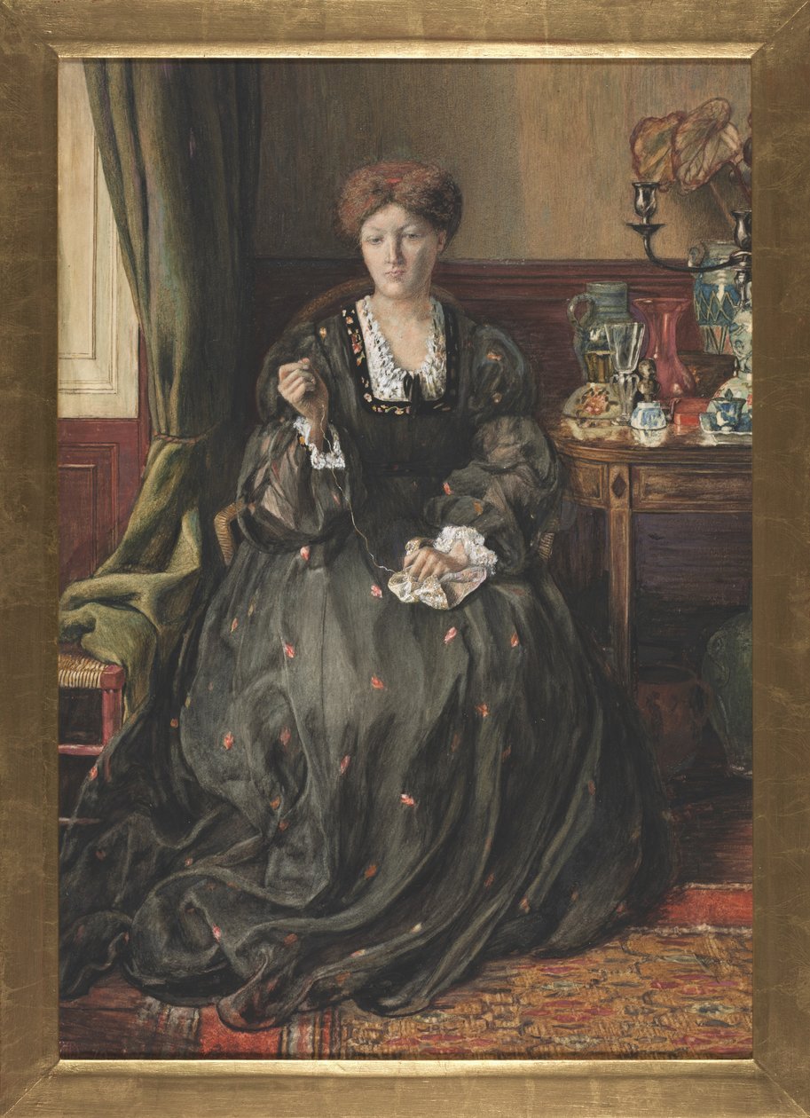 Thinking, Porträtt av Emma Madox Brown, ca 1870 (akvarell  gouache på papper) av Catherine Nee Madox Brown Hueffer