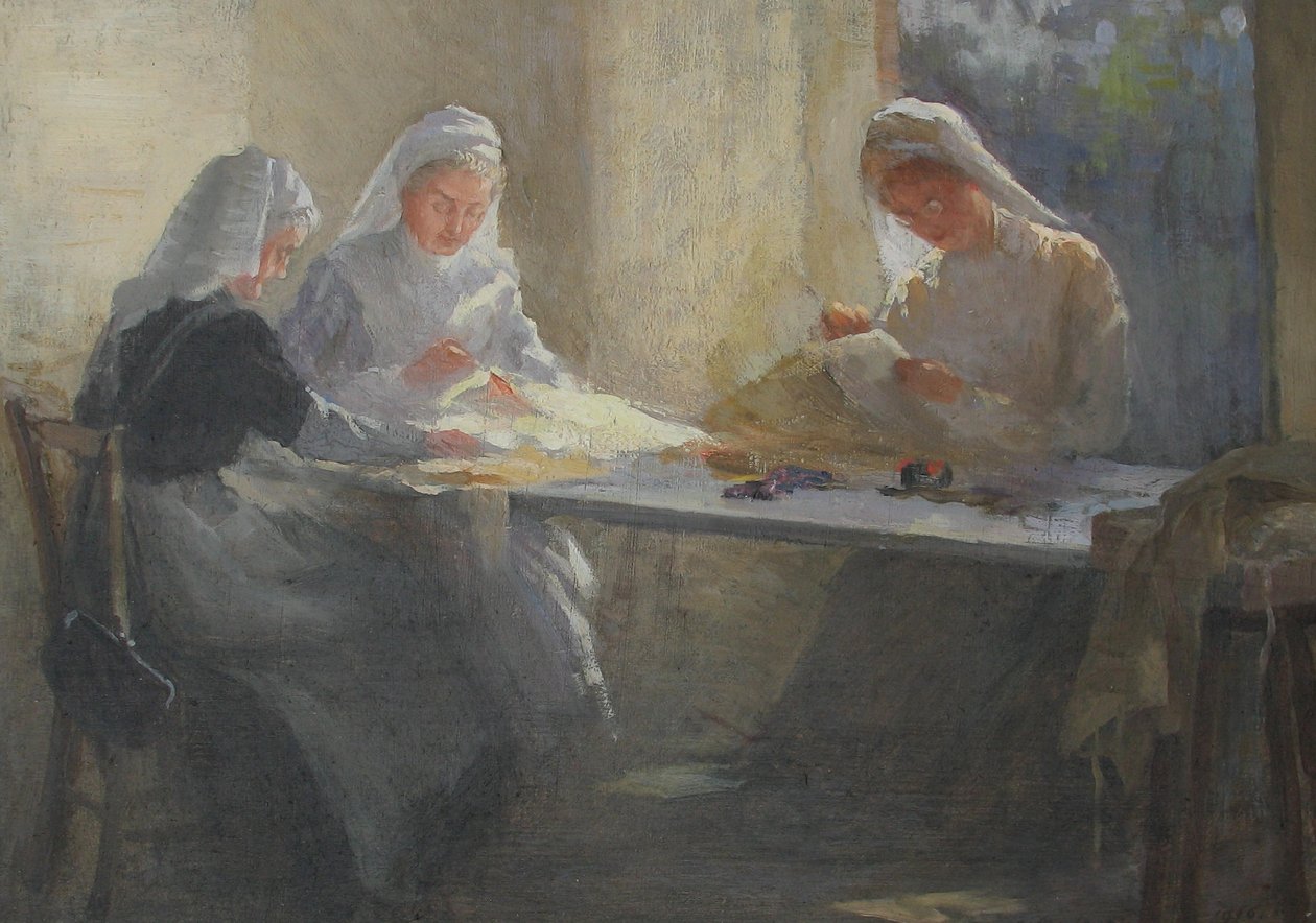 Kensington War Hospital Supply Depot (Kensington Square), tre sjuksköterskor sitter vid ett bord och syr, ca 1916 (olja på duk) av Catherine Ouless