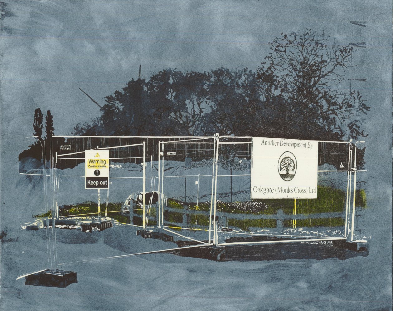 En påverkan på landskapet, 2014 (linoleumsnitt och etsning) av Catherine Sutcliffe Fuller