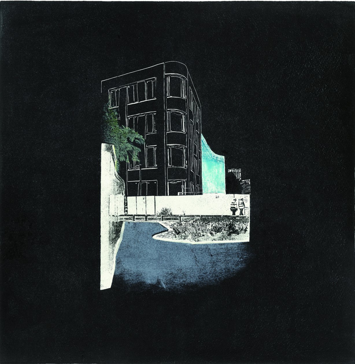 Carving and construction for a city in transition, 2016 (linoleumsnitt och etsning med PCB-överföring) av Catherine Sutcliffe-Fuller