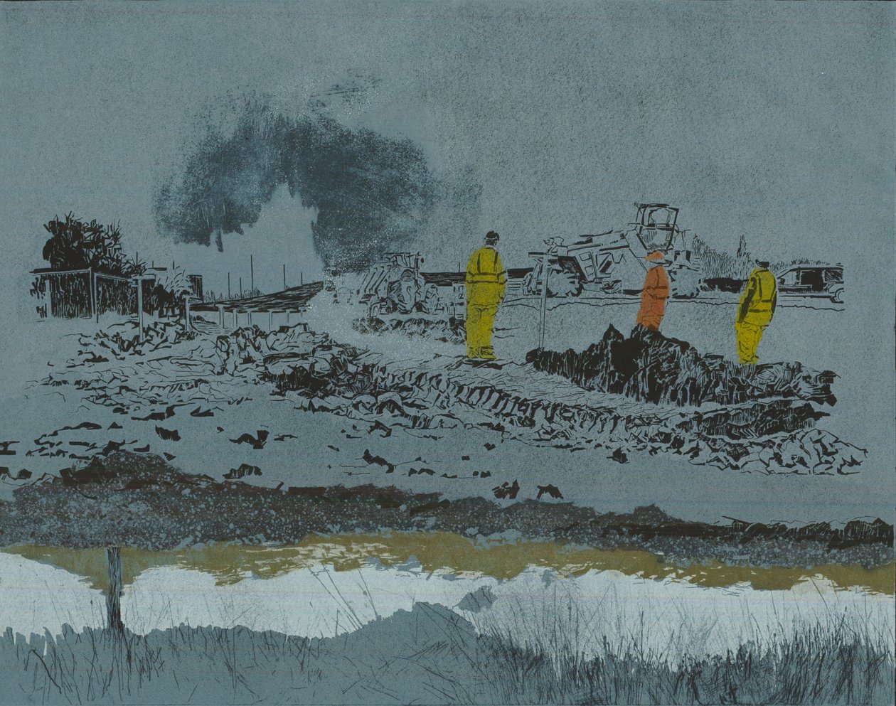 Lime on the land, 2014 (linoleumsnitt och etsning) av Catherine Sutcliffe Fuller