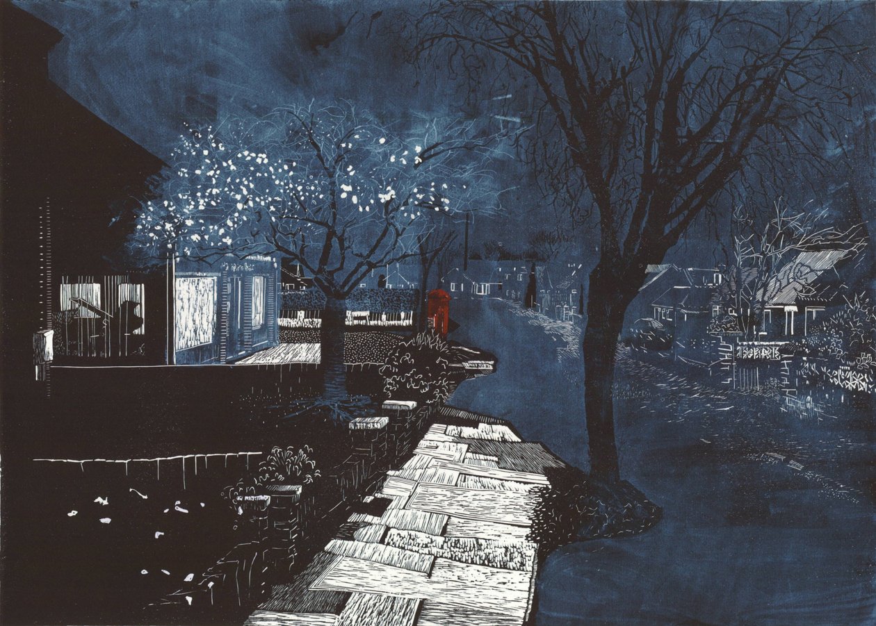 Sound of music in suburbia, 2012 (linoleumsnitt och etsning) av Catherine Sutcliffe Fuller