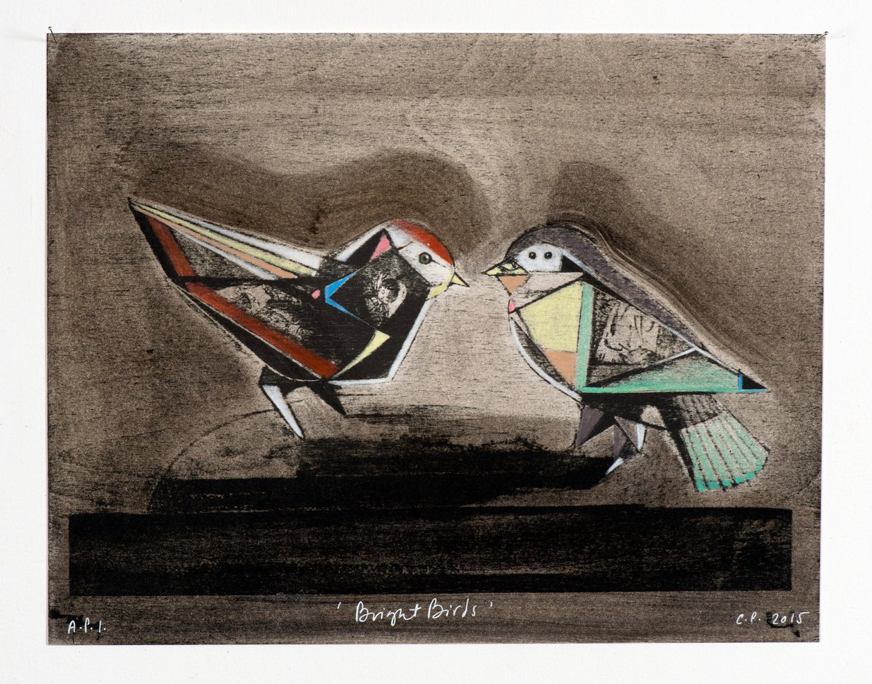 Bright Birds, 2014 (mokulito-litografi med handkolorering) av Cathie Pilkington