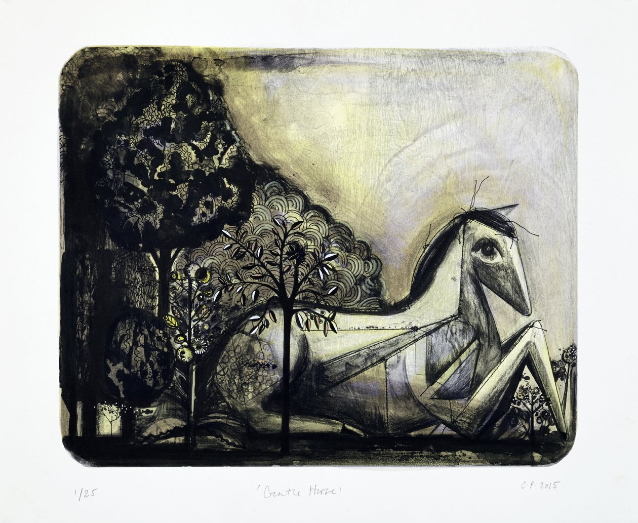Gentle Horse, 2015 (mokulito-litografi med handkolorering) av Cathie Pilkington