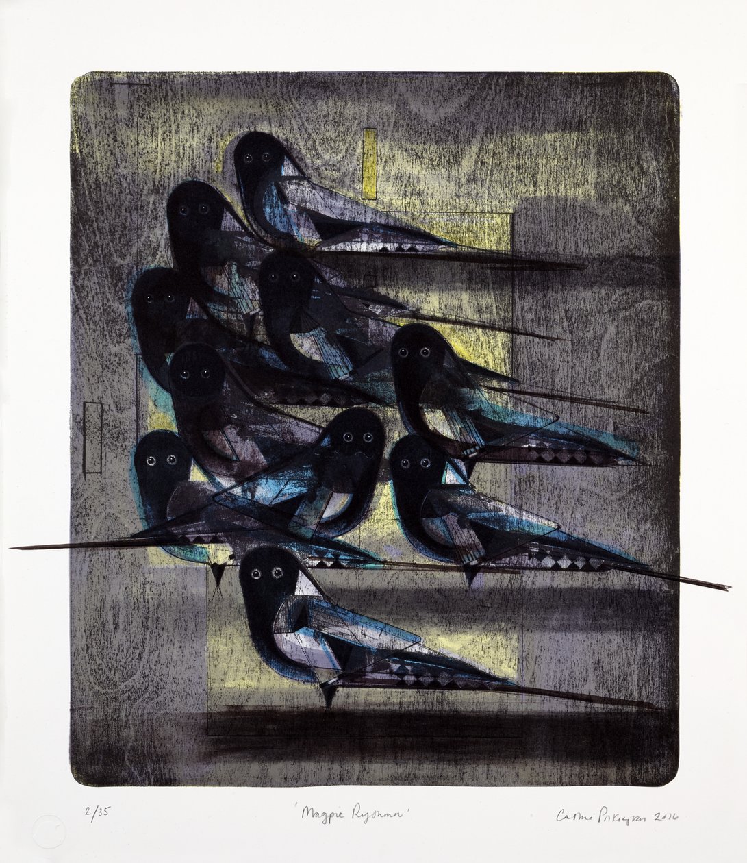 Magpie Rhythm, 2016 (mokulito-litografi med handkolorering) av Cathie Pilkington