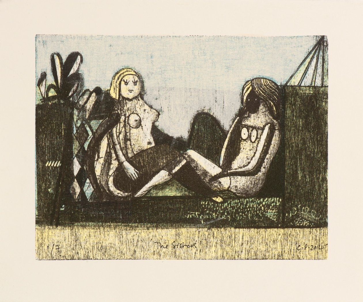 The Sisters, 2014 (mokulito-litografier med handkolorering) av Cathie Pilkington