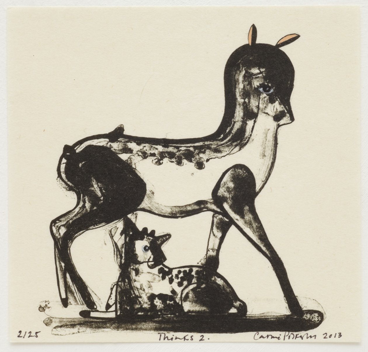 Thinks 2, 2013 (litografi med handkolorering) av Cathie Pilkington