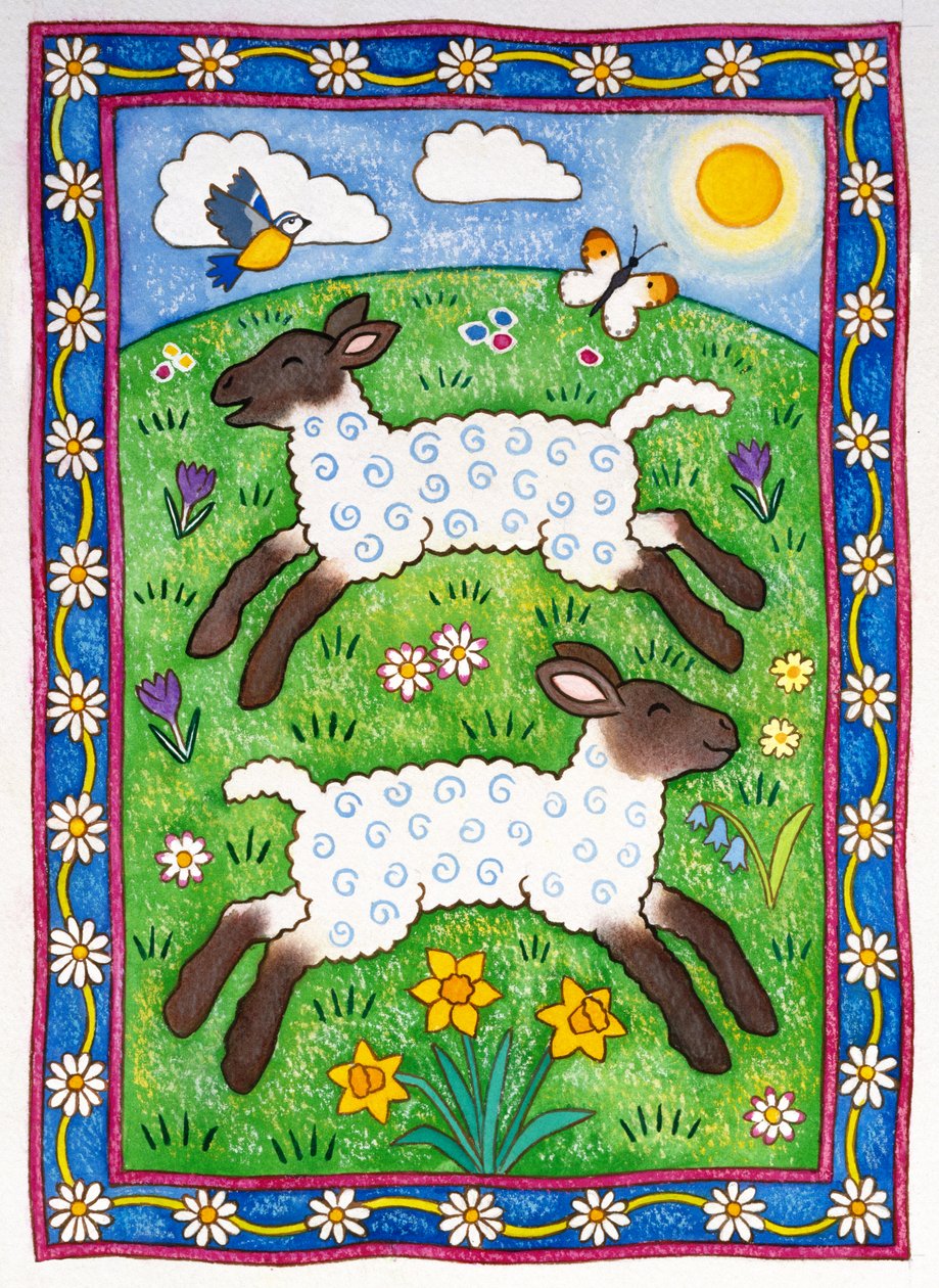 Bouncy Lambs, 1997 (wc och pastell på papper) av Cathy Baxter