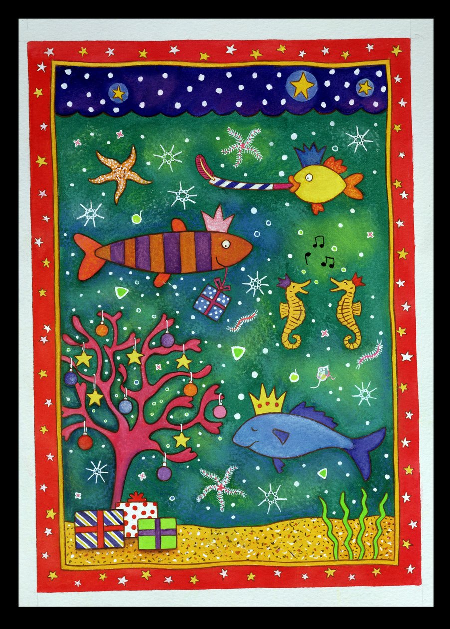 Fishy Christmas, 1997 (wc och pastell på papper) av Cathy Baxter