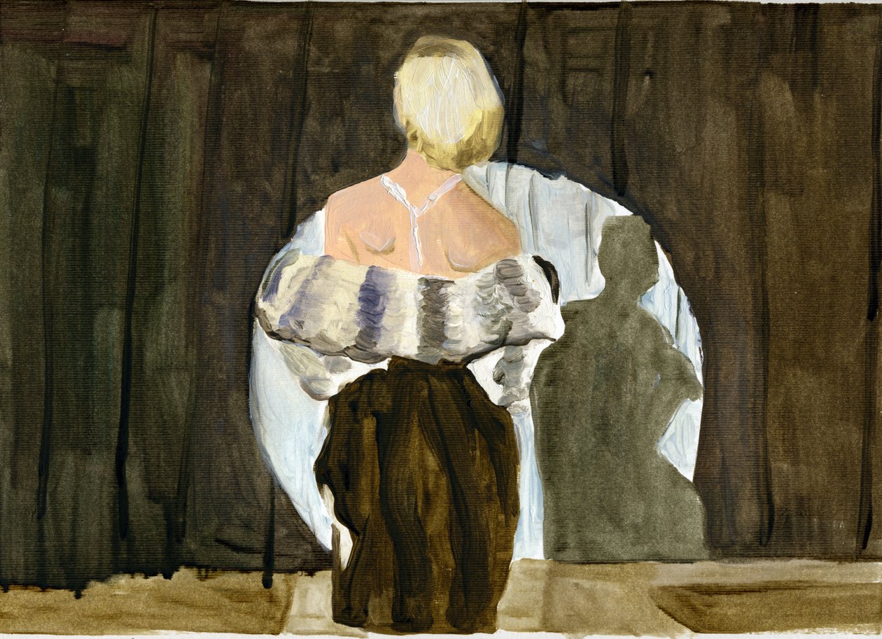 03.11.09 - De modellerade pälsen i sin lägenhet, 2009 (olja på papper) av Cathy Lomax