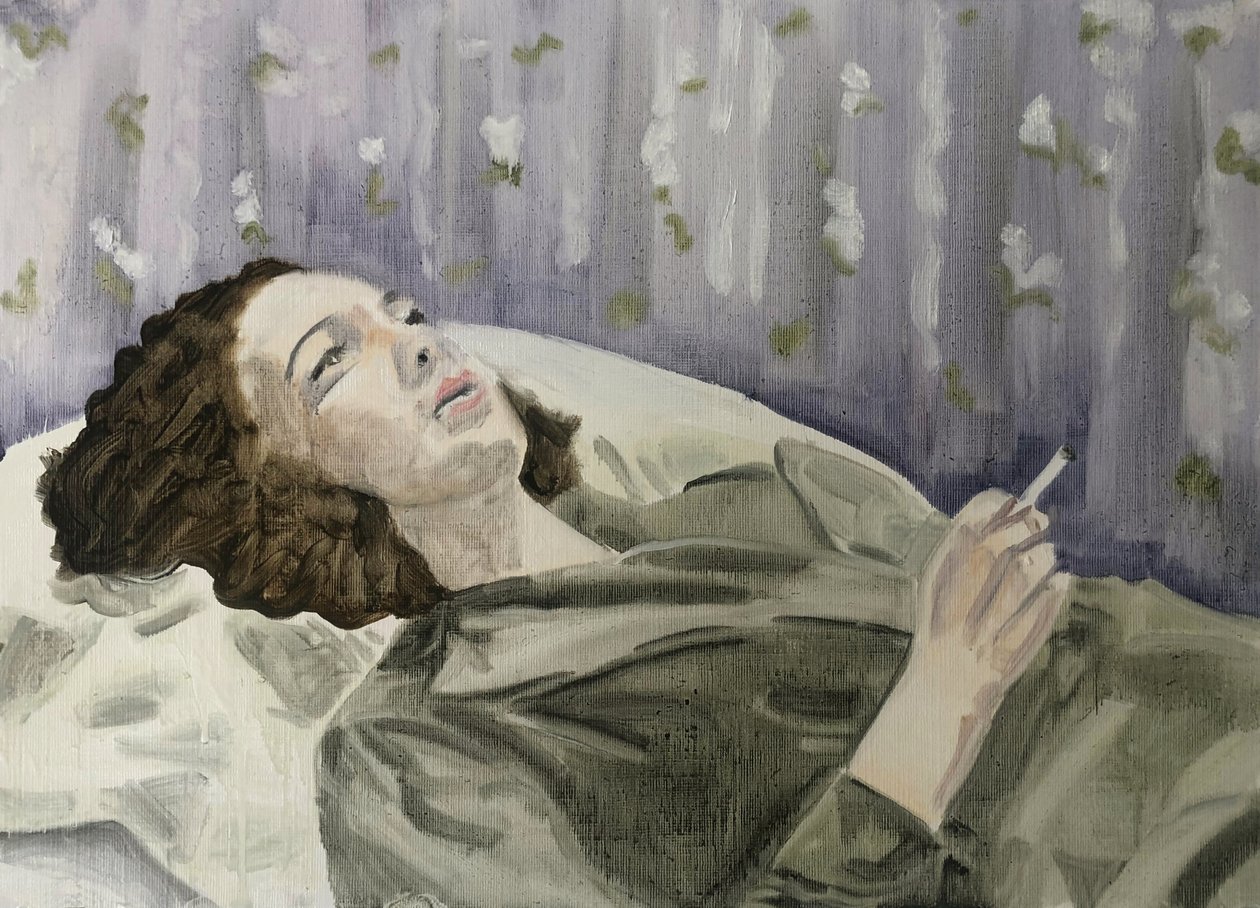 23.03.20 She was conflicted, 2020 (olja på papper) av Cathy Lomax