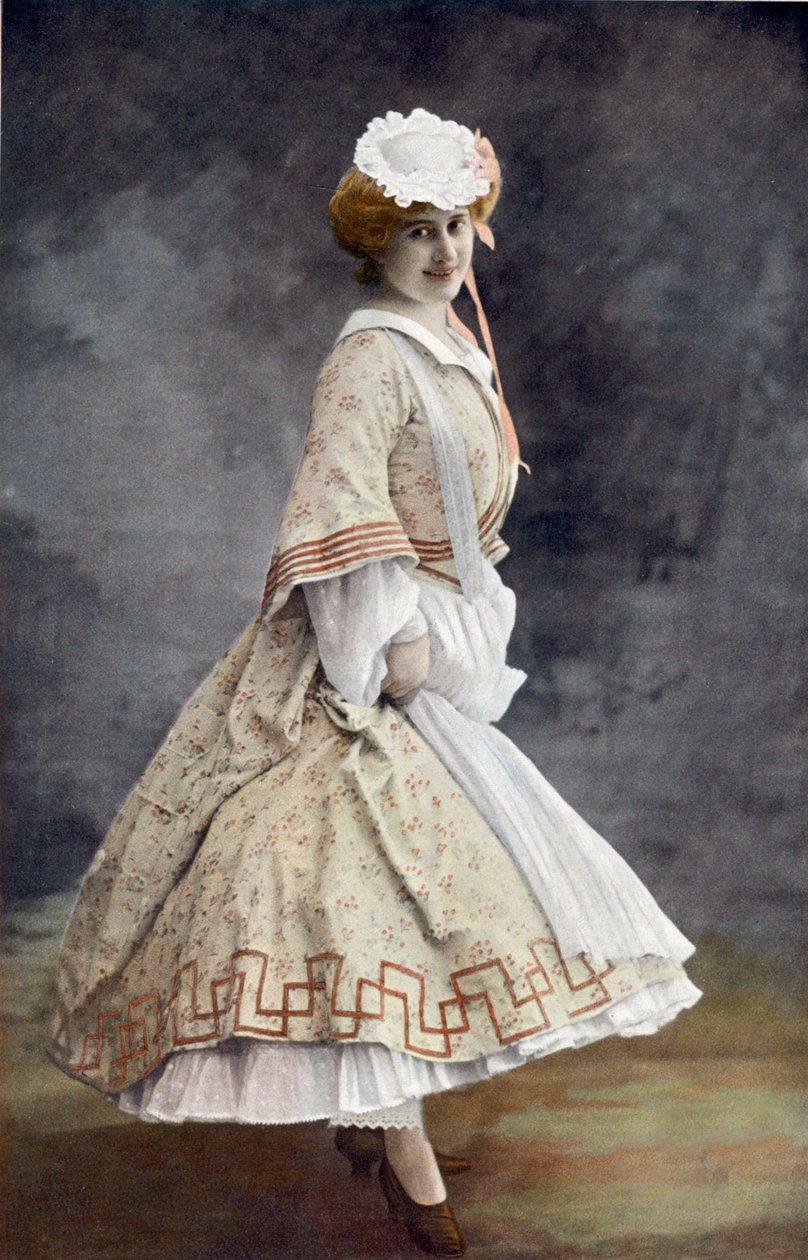 Franska komikern Jeanne Saulier som Arlette i operetten "Die Fledermaus" (fladdermusen) i Paris, foto av Cautin och Berger från franska tidningen "Le Theatre" maj 1904 av Cautin and Berger