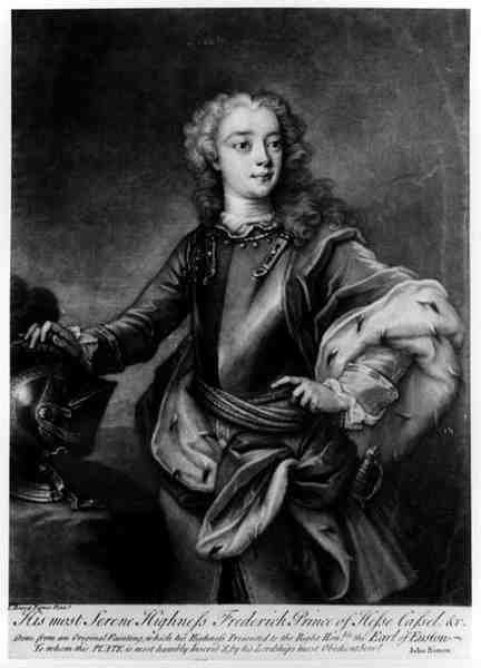 Porträtt av Fredrik II (1720-1785), Landgrave of Hesse-Cassel, graverad av John Simon (1675-1715) av Cavaliere Carlo Francesco Rusca