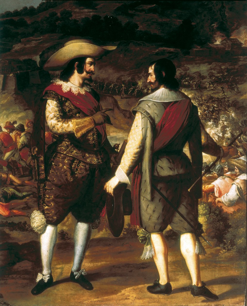 Infångandet av San Juan i Puerto Rico (Puerto Rico) (1625). Detalj. I förgrunden pratar Don Juan de Haro med sin assistent. Bakom honom fästningen bevakad av spanjorerna som tvingar holländarna att lämna. Målning av Eugenio Caxes eller Cajes (1577-1634) av Caxesi or Caxete Eugenio Caxes