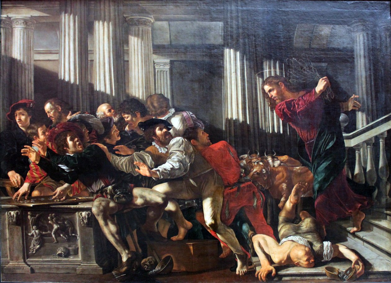 Kristus driver penningväxlarna från templet av Cecco de Caravaggio
