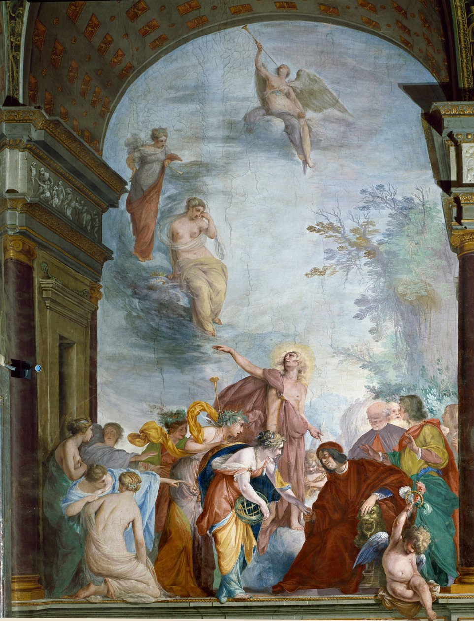 La Renommee ovatifierar Lorenzo de Medici den storslagnas bedrifter (Laurent de Medici le Magnifico) (1449-1492) Fresk av Cecco Bravo (Francesco Montelatici) (1607-1661) runt 1635 Florens, Palazzo Pitti, Sala degli Argenti av Cecco  Bravo