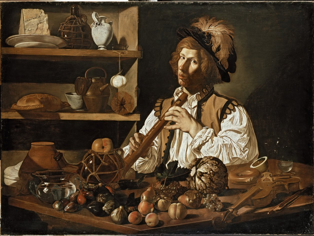 Interiör med ett stilleben och en ung man som håller en blockflöjt, 1600-talet av Cecco de Caravaggio