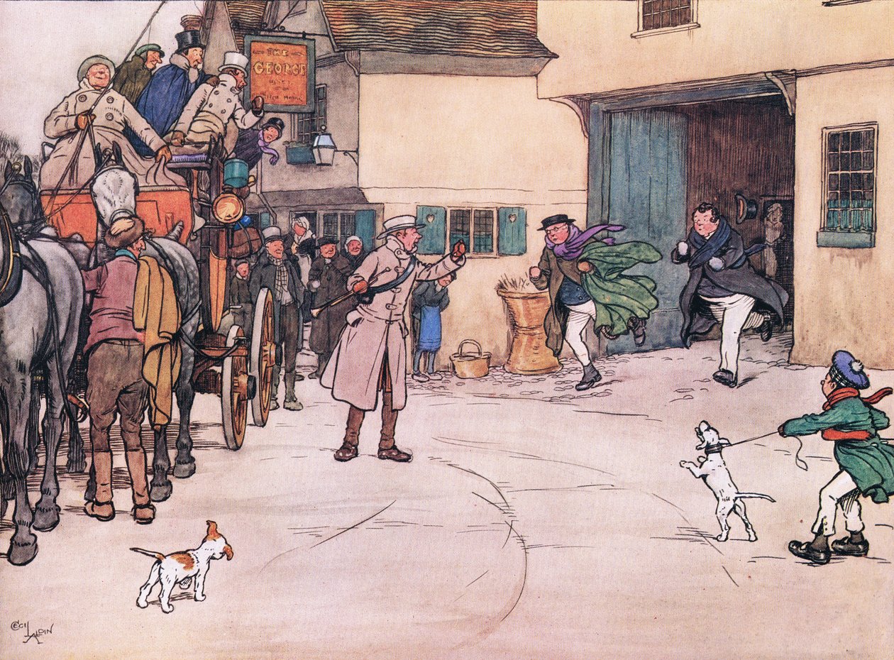 Ett avlägset svar hördes från gården, och mr Pickwick och mr Turpin kom springande ner. av Cecil Charles Windsor Aldin