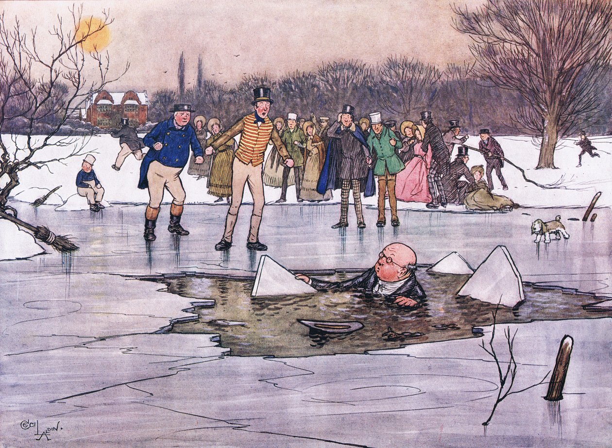Ett ansikte, huvud och axlar, dök upp ur vattnet och avslöjade Mr Pickwicks drag och glasögon. av Cecil Charles Windsor Aldin